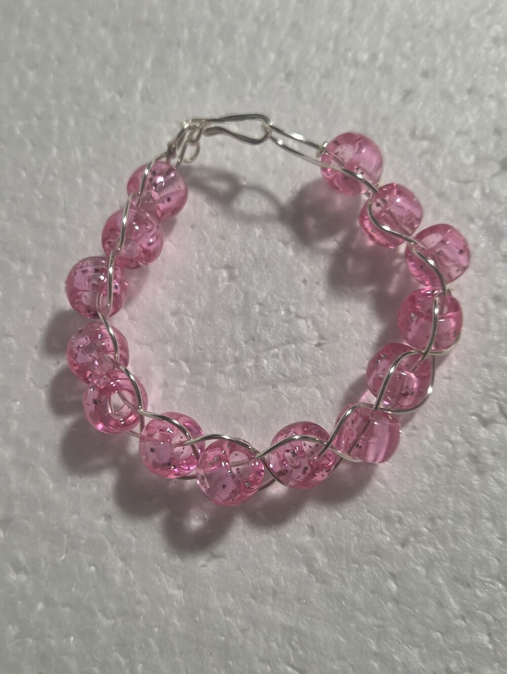 Handcrafted Silver And Pink Beaded Wire  Bracelet - Clear Pink Beads